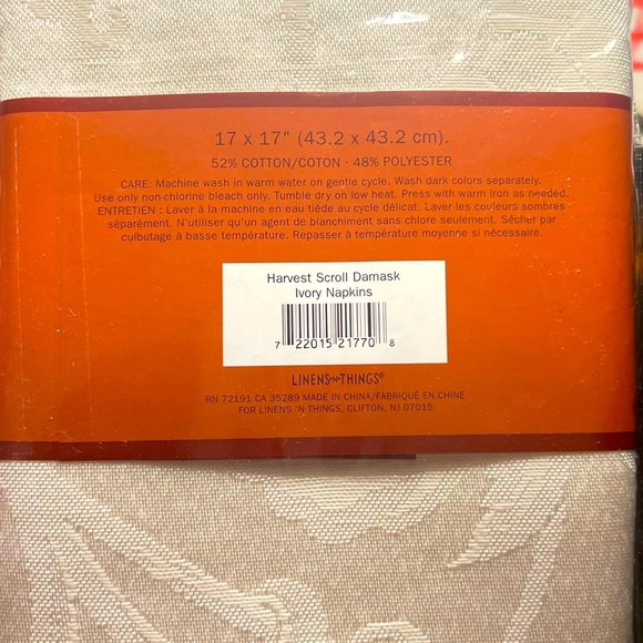 NEW- 2 Set of 4 Harvest Scroll Damask Napkins 17" x 17" - Ivory- - Picture 2 of 3